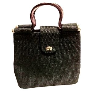 Vintage rare tweed black and green Purse‎ round handles Audrey Hepburn look